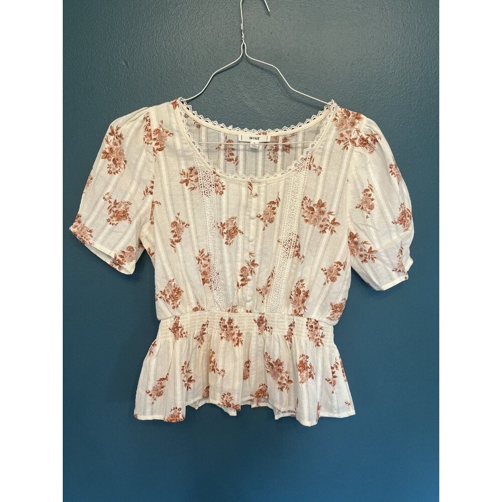 Mine Womens Blouse Top Cream orange‎ Floral With Lace Trim Elastic waist Small